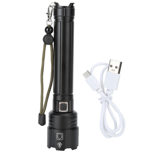 P90 Super Bright IPX4 Waterproof LED Flashlight USB Charging Zoom Tactics Torch with Power Display for Outdoor CampingBlack