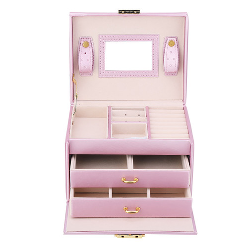 3 Tiers PU Leather Jewelry Storage Case Display Box Holder Organizer with Mirror (Red)