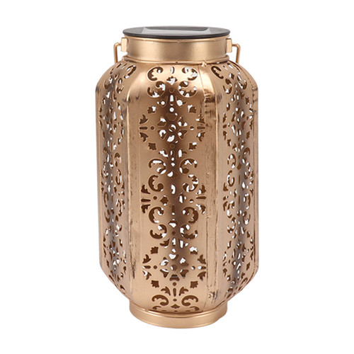 LED Solar Lantern Waterproof Hanging Metal Lamps Small Hexagonal Lantern for Lawn Porch Backyard