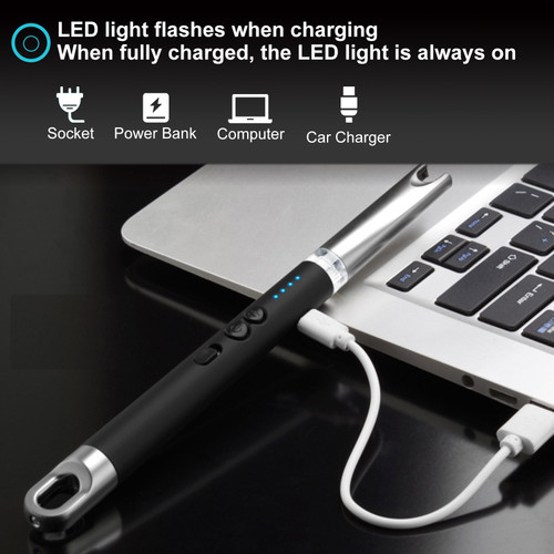 Flameless Electric Arc Lighter with LED Light USB Rechargeable Candle Lighter Safe Windproof Camp Long Lighter with Battery Display for Kitchen Camping Hiking Barbecue Stove Fireworks