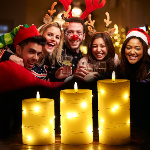 3PCS Flameless Candle Lights with Twisted String Lights Kit Constant Bright Heads Lighting Effect/ Constant Bright String Light 2 * AA Cell Operated for Indoor Outdoor Dinner Party Wedding Xmas Christmas Decoration Present Gift