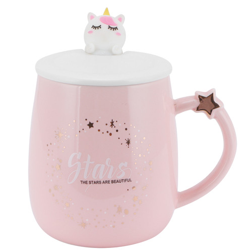 Ceramic Mug Cartoon Pattern Water Coffee Cup with Lid Spoon for Home Office Use PinkA