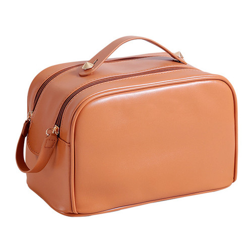 Double Zipper Makeup Bag Waterproof PU Leather Large Capacity Multifunction Portable Large Travel Cosmetic Bag Brown