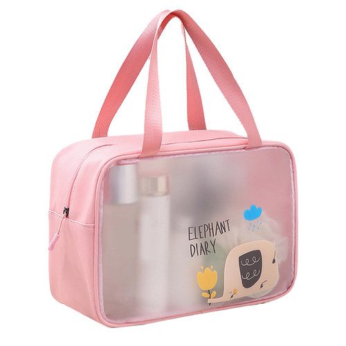 Cosmetic Bag PU PVC Clear Cartoon Pattern Handheld Waterproof L Size Makeup Bag for Swimming Toiletry Pink