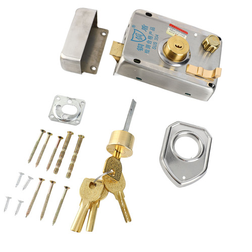 Rim Lock Set Stainless Steel Vintage Type Universal Home Door Gate Safety Vertical Keyway Cylinder Deadbolt