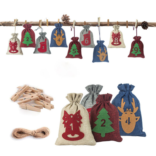 24 Pcs Christmas Advent Calendar Bag Countdown Felt Gift Bag with DIY Sticker Clips Christmas Tree Hanging Decoration