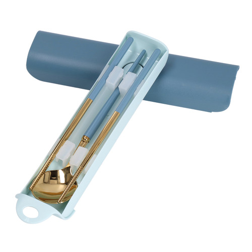 Stainless Steel Flatware Set Reusable Utensils Set Student Cutlery Storage Box Travel Fork Spoon Chopsticks SetBlue Gold