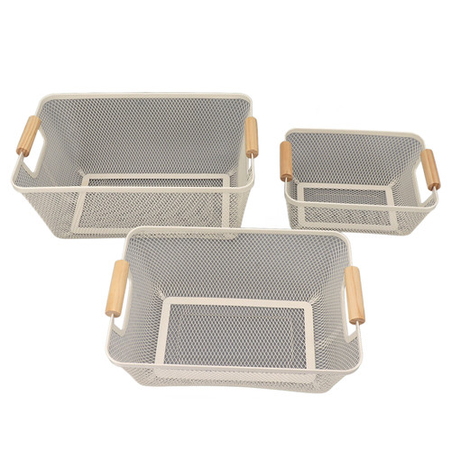 3pcs Metal Wire Storage Basket Large Capacity Decorative Sturdy Iron Art Storage Basket for Books Snacks Makeup White