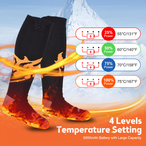 Rechargeable Heated Socks for Men Women Flame Pattern 5V 5000mAh Battery Powered Cold Weather Washable Winter Thermal Thickened Warming Socks for Winter Skiing Riding Camping Outdoors Electric Socks with 3 Heating Level