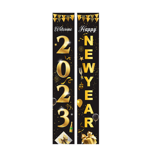 Welcome 2023 Door Garlands Happy New Year Couplet Black Gold New Year Couplet Banner Home Decoration 100D Polyester Cloth (style 1)