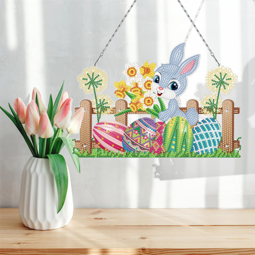 5D Rhinestones Painting Pendant DIY Rhinestone Painting Kit Rabbit Rhinestone Crystal Painting Kit Easter Wall Hanging Decoration