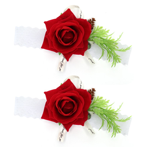 2Pcs Bridesmaid Silk Wrist Flower Bridal Corsage Wedding Ceremony Decoration SupplyRed