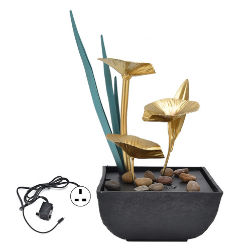 Indoor Tabletop Fountain Lotus LED Waterfall Fountain Ornament Feng Shui Art Craft Home DecorationUK Plug Yellow Light AC220‑240V