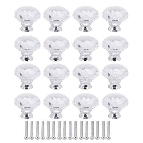 16Pcs Crystal Glass Cabinet Knob Diamond Shape 40mm Drawer Cupboard Handle Pull