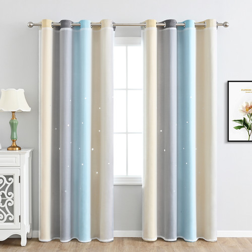 2pc Curtain Simple Gradient Hollow-out Star Pattern Double Layer Blackout Bedroom Living Room Insulation Curtain