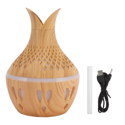 300ml Wood Grain Humidifier USB Powered Aroma Diffuser Humidifier with Ambient Night Light 2 Petal Hollow Shape