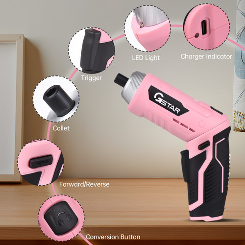 GSTAR Cordless Screwdriver Kit with LED Light Spindle Lock Adjustable 2 Position Handle 240rpm 3.6V Battery Operated USB Charging Electric Screwdriver Power Tools with 9pcs CRV 25mm Bits H1/4 magnetic extension for Drilling