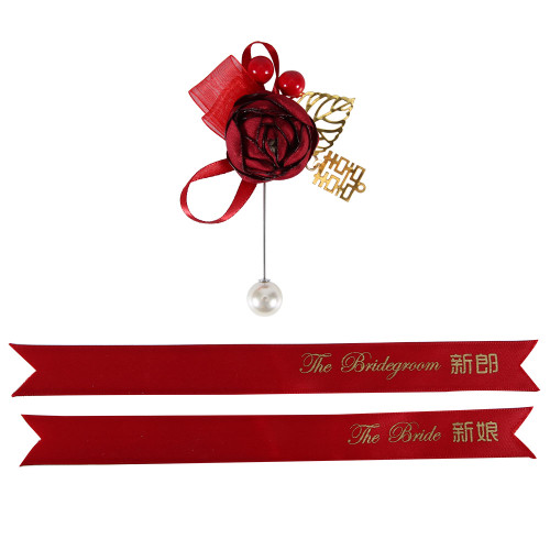 Artificial Rose Corsage Bride Bridegroom Chest Flower Wedding Clothing Decoration Accessories2Pcs Wine Red Corsage with Name Ribbon