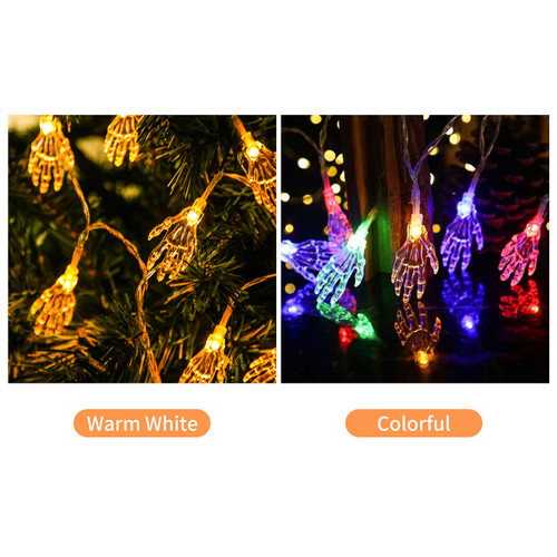 Halloween String Lights 10FT 20LEDs Transparent Skeleton Hand Shaped Decorative Hanging Lights Waterproof Colorful Light Battery Operated Spooky Light for Party