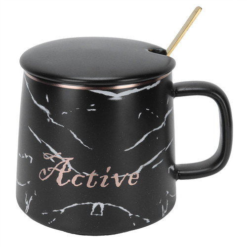 Marble Pattern Mug Originality Ceramic Cup with Spoon and Lid for Home Travel Office OutdoorBlack