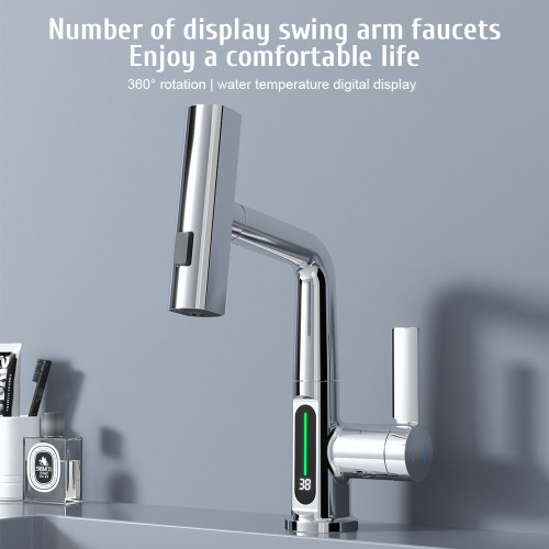 Kitchen Faucet with Pull Down Sprayer LED Temperature Display Adjustable Height and 360 Degrees Swivel 3 Modes Single-Handle Stainless Steel Pull-Out Basin Mixer Tap