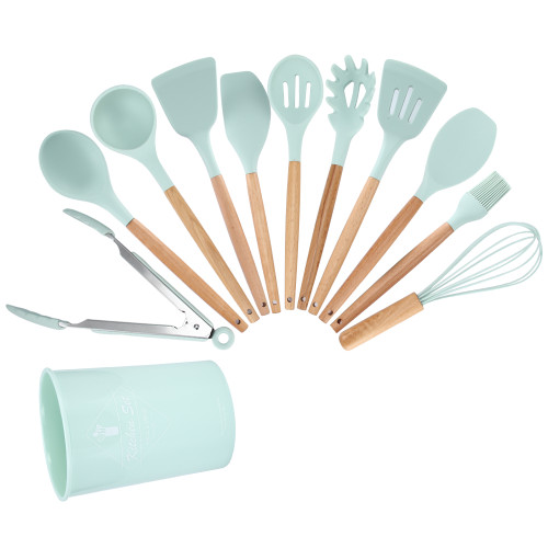12Pcs Light Green Silicone Cooking Utensils NonStick Kitchenware Set with Storage Box