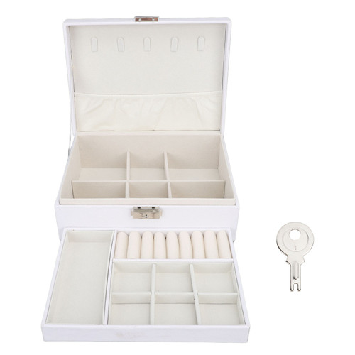 Jewelry Storage Box White Wood Large Capacity 2 Layer Multiple Compartments PU Leather Portable Jewelry Travel Case