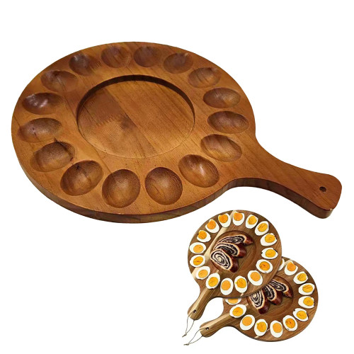 Reversible Deviled Egg Tray Multi-Holes Round Egg Platter Thickened Wooden Egg Holder Serving Tray Charcuterie Board for Kitchen