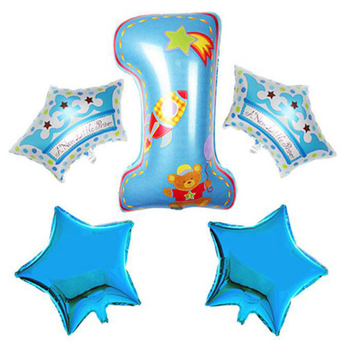 5Pcs  Set Number"1"+Five pointed Star  Crown  Balloon for Wedding Proposal Party(Blue)