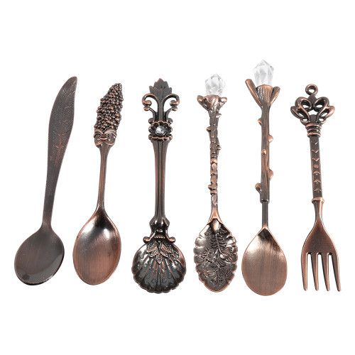 6Pcs/Set Vintage Metal Mini Coffee Spoons and Fork Kitchen Tableware Accessories Red Brass