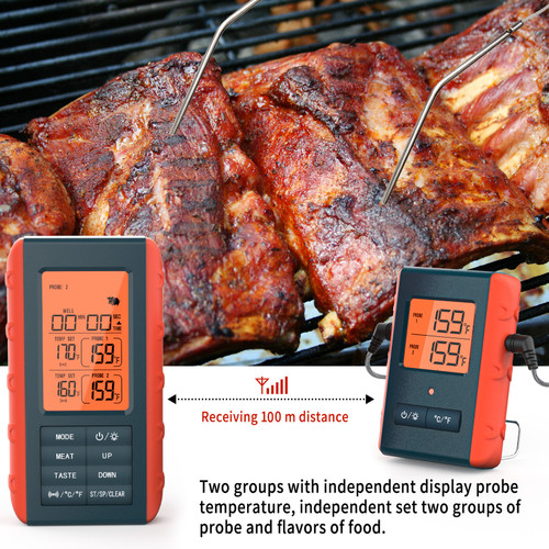 Wireless Meat Thermometer with 2 Propes for Grilling Kitchen Food Cooking Thermometer Digital Meat Thermometer Wireless for Smoker Oven Outside Grill BBQ Accessories 100M/328ft Remote Range