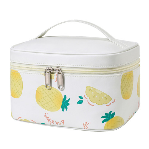 Pu Leather Makeup Bag High Capacity Fruit Pattern Portable Waterproof Toiletry Storage Bag Pouch for Travel Home Beige