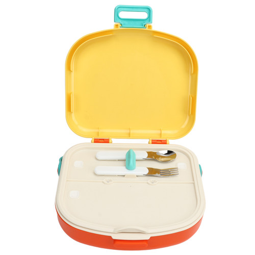 Bento Lunch Box ABS Separate Compartments with Buckle Handle Leakage Proof Air Hole Heat Resistant Bento Box with Spoon Fork Yellow
