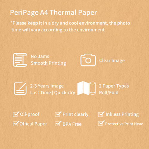 PeriPage Fold Thermal Paper Compatible with PeriPage A40 Thermal Printer Quick-dry Perfect for Photo Picture Receipt Memo PDF File Webpage Printing Instant Photo Printer 210x297mm/100 Sheets