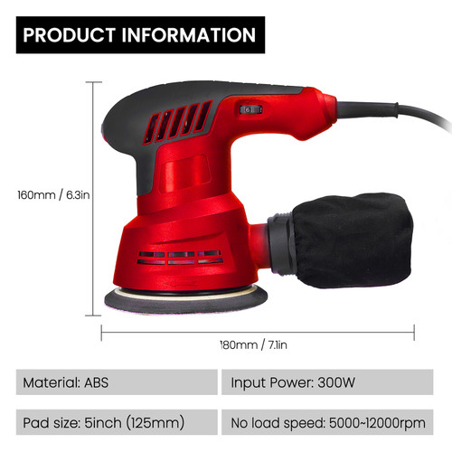 300W Handheld Electric Eccentric Sander 5 Inch 125mm Sanding Plate Electric Sander Wood Processing Furniture Car Polishing Machine with Dust Box 6 Speed Regulation