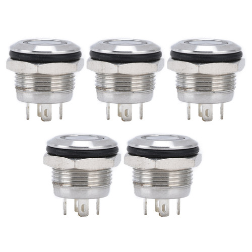 5Pcs Button Switch Stainless Steel Flat Top Button with LED Self Reset Power Accessories 12mmAC220V Red
