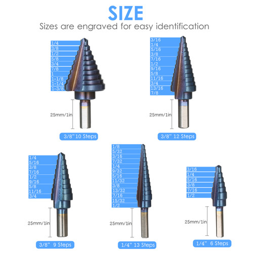 50 Sizes HSS Step Drill Bit Set with Automatic Center Punch and Aluminum Case Multiple Hole Titanium Straight Grooved Step Drill for Metal Wood Plastic Sheet (5pcs)