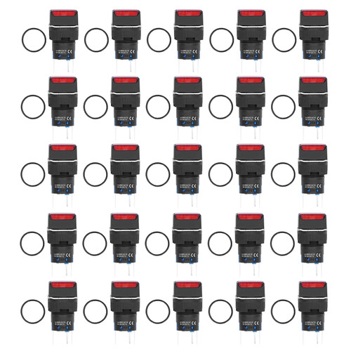 25PCS Small Button Switch Self Locking Square Power Push Switches with Light 16mm 24V 5ARed