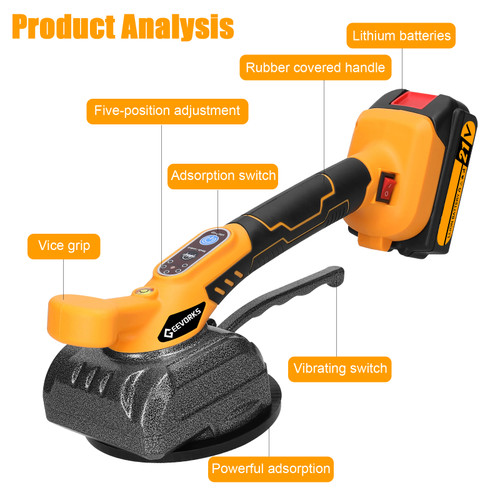 Geevorks 21V Automatic Tile Tiling Machine High Loading Capacity Wall Floor Tiles Laying Vibrating Tool Handheld Tile Leveller Enlarged Suction Cup with Bubble Leveler Home Decoration Utility Tools