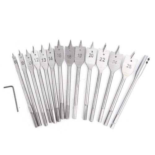 15pcs Carbon Steel Hex Shank Spade Flat Wood Drill Bit Set 6‑25mm for Wood Drilling Power Tools