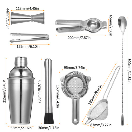Portable Bartender Kit, 9-Piece Stainless Steel Cocktail Shaker Set with Leather Bag, Drink Mixer Set, Professional Bar Tools for Drink Mixing, Home, Bar, Parties