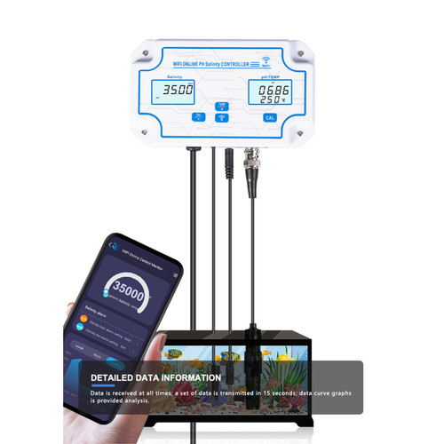3-in-1 pH/Salinity/TEMP Water Quality Detector pH/TEMP-Salinity Controller 14.00pH Value 0-199.9ppt Salinity Water Quality Tester for Aquarium Hydroponics Tank Monitor