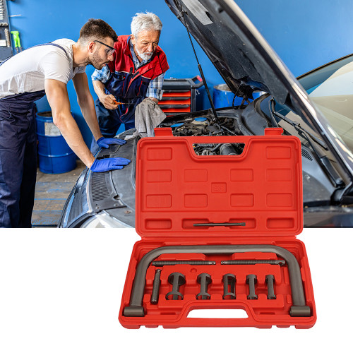 10 PCS Valve Spring Compressor C Clamp Kit Free Disassemble Valve Spring Assembly Removal Tool with Collet Pusher Adapters, Extension Rods, Lever for Car Motorbike Engine Repair