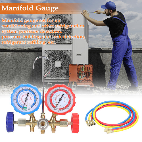 Manifold Gauge Set Air Conditioning Refrigerant Charging Tool Brass Dual-Valve Pressure Gauge with 5ft Hose Quick Coupler Adapters for R12/R22/R134a/R502 Refrigerant