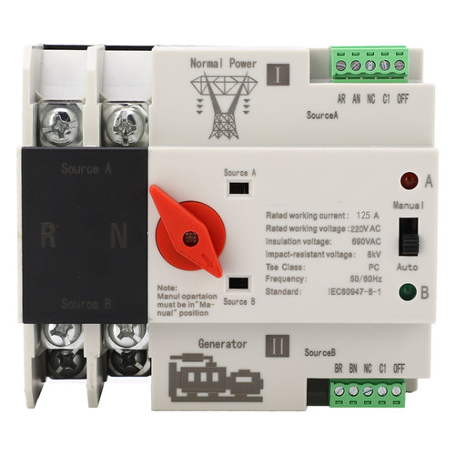 Automatic Transfer Switch Dual Power 2P Flame Retardant Power Transfer Switch for Generator AC220V 125A