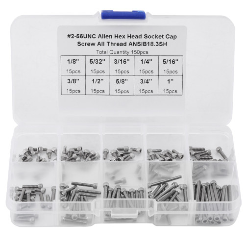 150PCS 9 Sizes Hex Socket Cap Head Screws Assortment Set with Plastic Box #2‑56 UNC