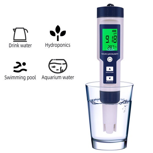 5 in 1 Water Quality Tester Digital Meter Water Quality Analyzer Detector PH/ TDS/ EC/ Temperature/ Salinity Testing IP67 Water Resistance Backlight Display