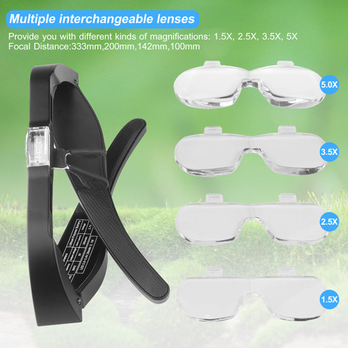 5X Magnifying Headset with LED Light Magnifying Glass Head Mounted Jewelry Loupe Magnifier with Multiple Lens 2 LED Lights for Crafting Clock Watch Electronics Repair Hobby Tool