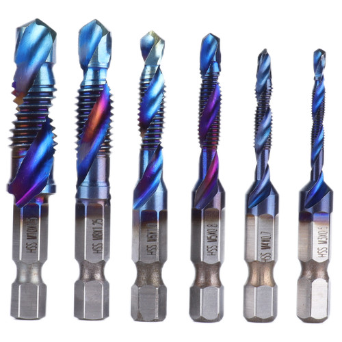 6pcs Spiral Tap Drill Bit Set Blue Plating Coating Hex Shank Drill and Tap Kit for Drilling Cutting Soft Metals