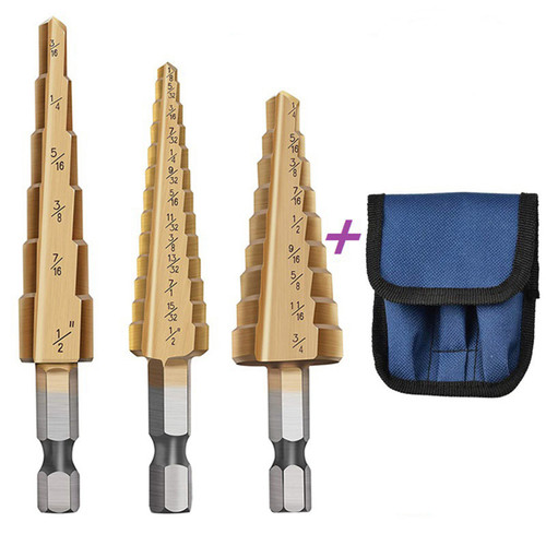 3Pcs Step Drill Bit Imperial HSS Ti Coated Grooved Hex Shank Tool with Cloth Bag British System
